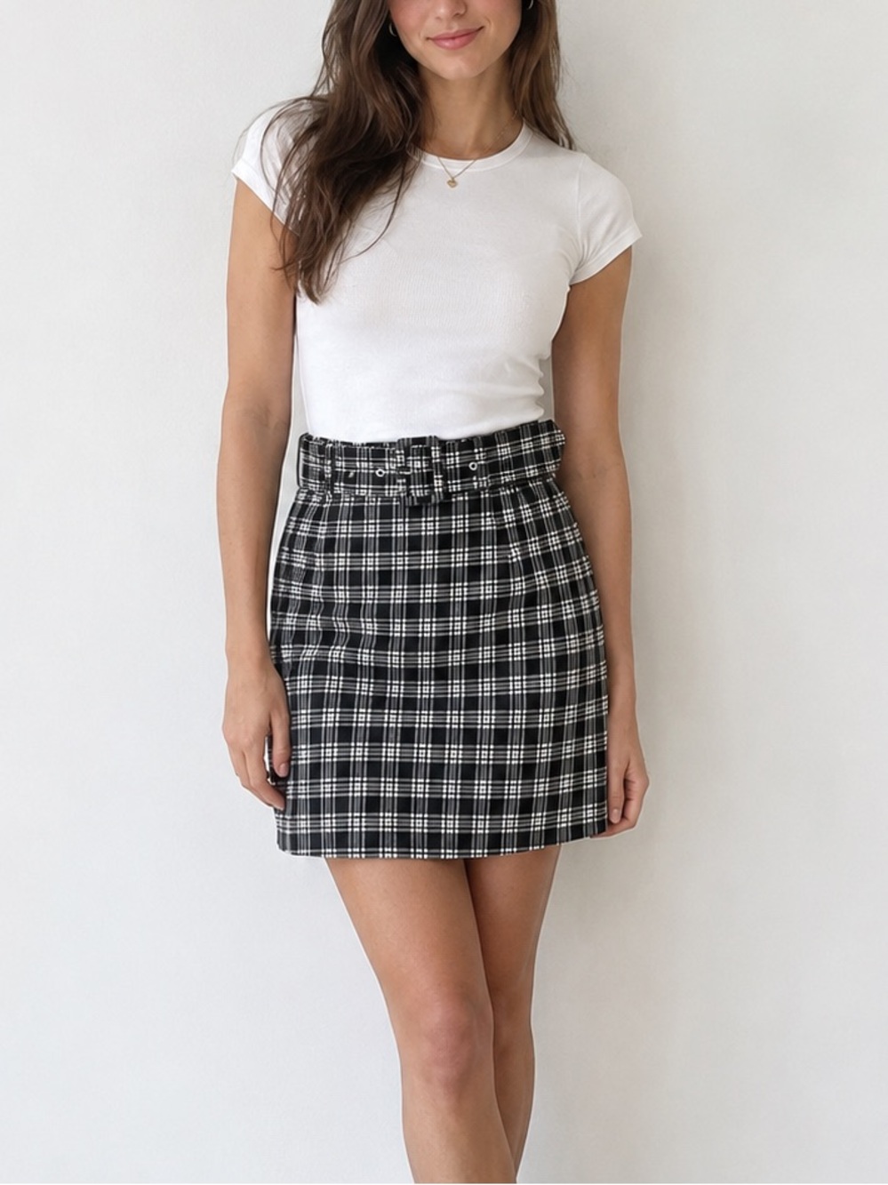 Divided Black & White Plaid Paperbag Waist Mini Skirt Belted Fall Gingham Sz S